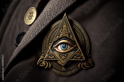 all-seeing eye on a badge, marking the wearer as member of a secret society, created with generative ai photo