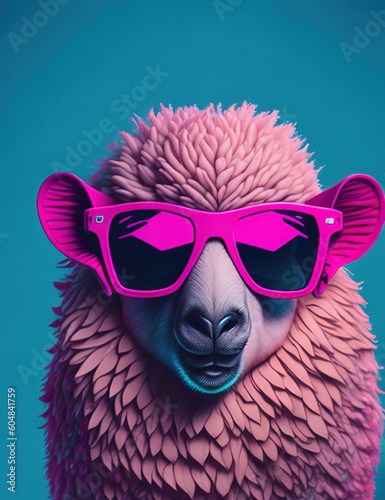 Portrait of a funny trendy pink sheep in neon light in pink magenta and cyan blue tones. Futuristic, cyberpunk or hipster in fluorescent sunglasses. generative ai