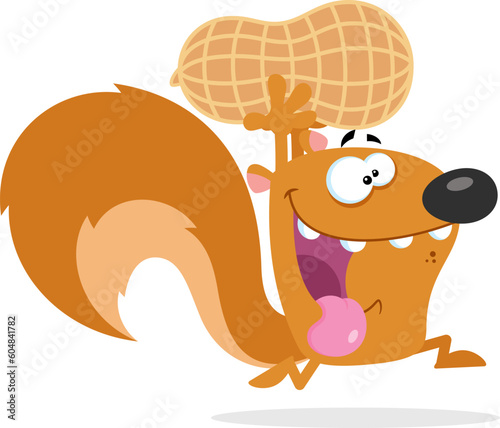 Crazy Squirrel Cartoon Mascot Character Running With Big Peanut. Vector Illustration Flat Design Isolated On Transparent Background