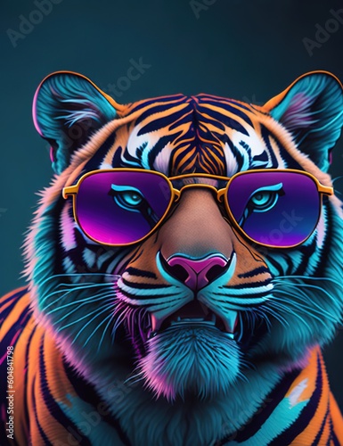 Portrait of a fun fashion tiger in neon light in pink magenta and cyan blue tones. Futuristic, cyberpunk or hipster in fluorescent sunglasses. generative ai