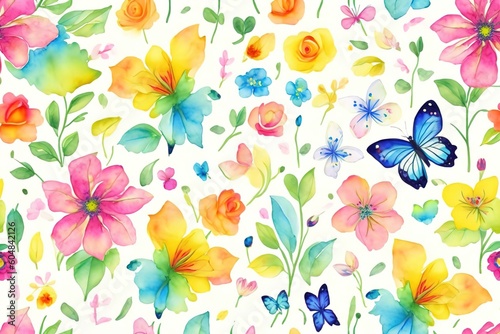 Abstract watercolor pattern with flowers and butterflies. Background wallpaper. generative ai