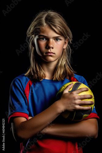Portrait eines 12-jährigen blonden jugendlichen Handballspieler mit längeren dunkelblonden Haaren in einem rot-blauen Trikot hält einen Handball in der Hand - AI-generated