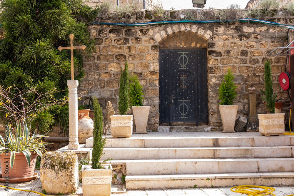 Exterior of the Greek orthodox Church of St George, the wedding church in Kfar Cana Israel.
 - obrazy, fototapety, plakaty 