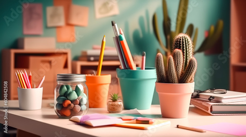 Table with books, pencils and cactus, generative AI.