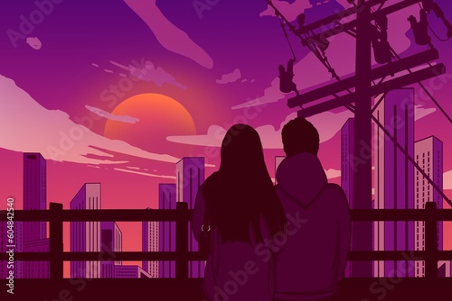 Love couple at colorful night sky. 