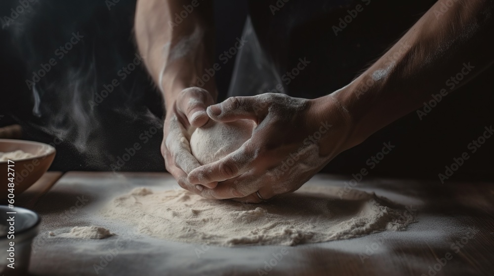 A man kneading a dough on a wooden table., generative ai