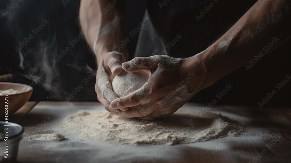 A man kneading a dough on a wooden table., generative ai A man kneading a dough on a wooden table., generative ai