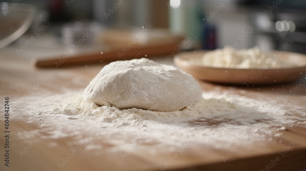 A ball of dough on a floured table surface, generative ai A ball of dough on a floured table surface, generative ai