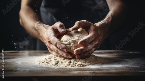 Fotografia A man kneading a dough on a wooden table., generative ai