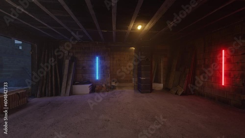 House under construction slow camera zoom in. Empty space with some lights. High quality 3D rendered 4K video.
