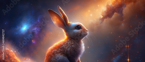 a cute baby bunny watching the universe, thinking about life and future, generative ai technology