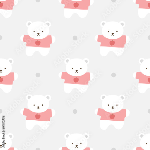 Teddy Bear Seamless Pattern Background, Happy cute bear with apple tshirt, Cartoon Panda Bears Vector illustration for kids soft background with dots