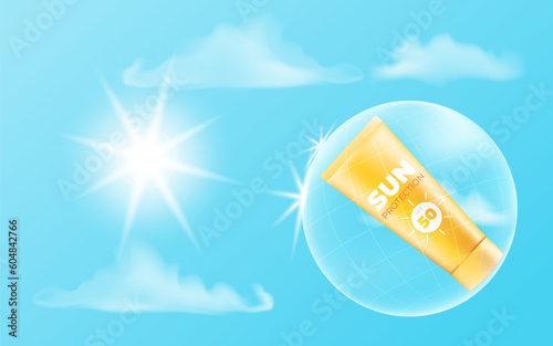 A vector illustration of a blue sky with clouds and sunlight, featuring a sunscreen tube with SPF 50. Perfect for summer sales, promotions, flyers, posters. Ideal for skin care, dermatology