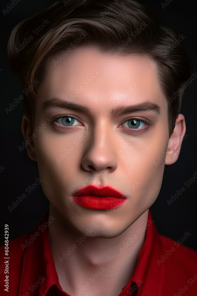 transgender gay man with red lipstick lips. Male face with makeup. Generative AI transgender gay man with red lipstick lips. Male face with makeup. Generative AI