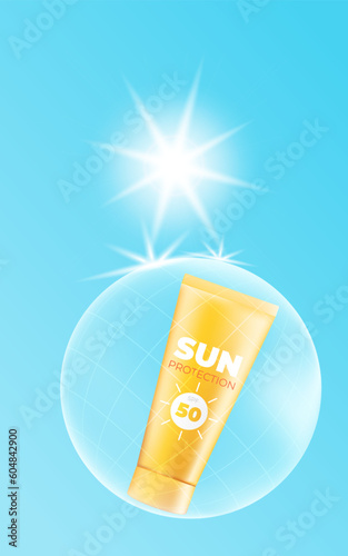 Blue sky with sunlight, featuring a sunscreen tube with SPF 50 in a protection bubble. Perfect for summer sales, promotions, flyers, posters. Skin care, dermatology. Protected from sun rays 