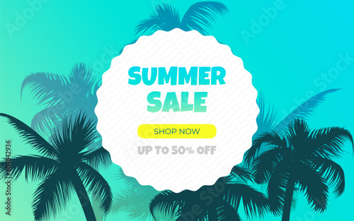 Summer sale. Tropical illustration featuring leaf pattern, palm trees, and zig zag circle on blue gradient background ideal for summer sale promotion flyers, posters and templates 