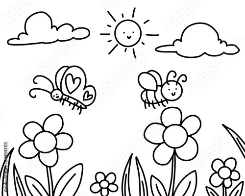 Cute Cartoon Bugs Coloring Page for kids. bee, butterfly.