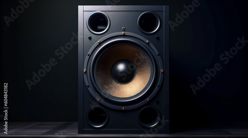 Powerful sound speaker close-up on a dark background, generative AI. photo