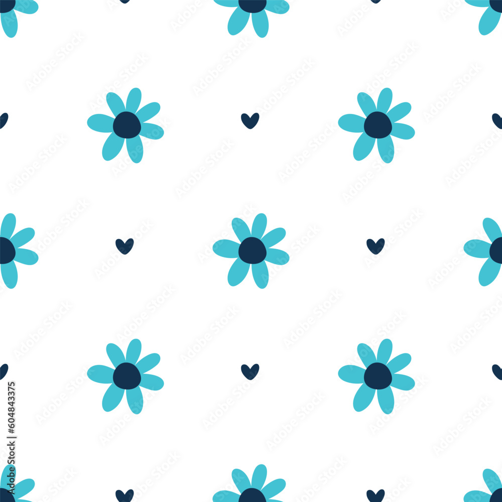 Seamless pattern with blue hearts and daisies Seamless pattern with blue hearts and daisies