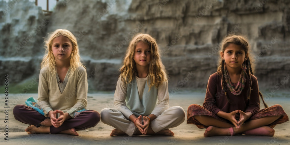 Group of children doing meditation yoga asana, sit on the banks of the Ganges river in India. Kids practicing yoga early in the morning, training yoga together. International yoga day. AI Generative