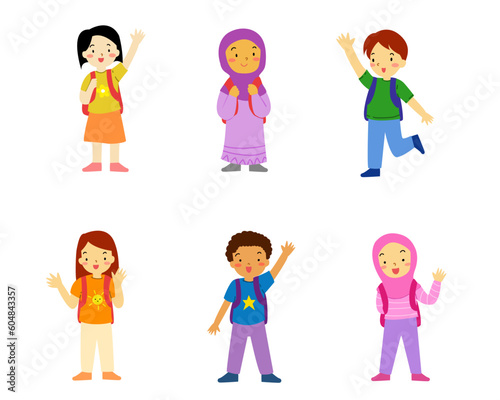 children boys and girls with school backpacks set isolated vector illustration. Multiethnic cute kids