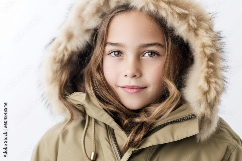 Lifestyle portrait photography of a glad kid female wearing a warm parka against a white background. With generative AI technology Lifestyle portrait photography of a glad kid female wearing a warm parka against a white background. With generative AI technology