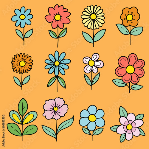 Set of colorful doodle flowers element vector
