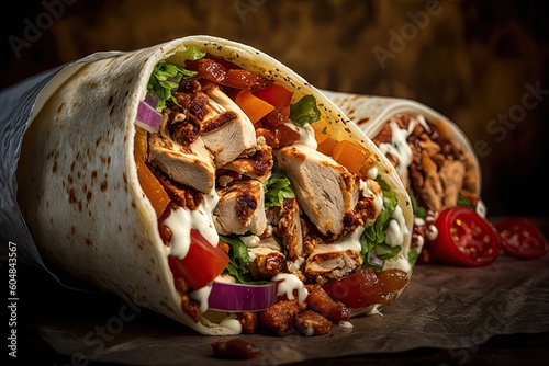 close-up of shawarma wrap, with juicy chicken and toppings visible, created with generative ai
