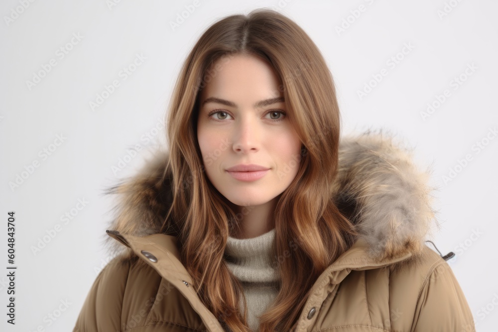 Medium shot portrait photography of a satisfied girl in her 30s wearing a cozy winter coat against a white background. With generative AI technology Medium shot portrait photography of a satisfied girl in her 30s wearing a cozy winter coat against a white background. With generative AI technology