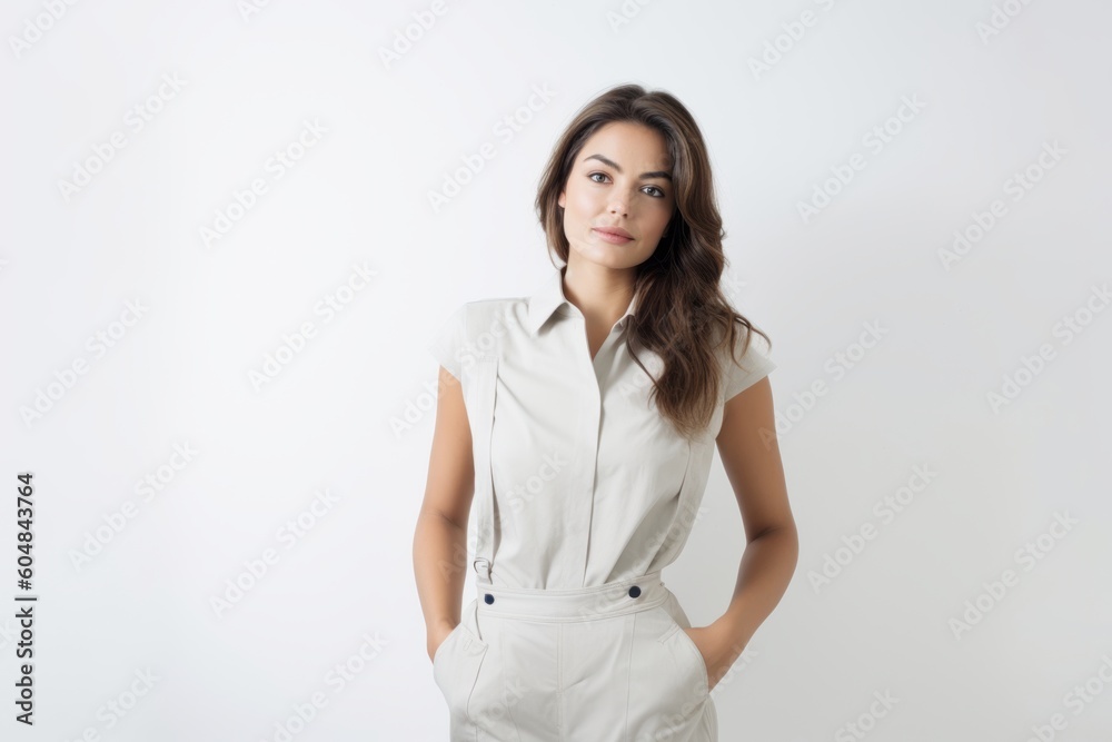 Environmental portrait photography of a glad girl in her 30s wearing a chic jumpsuit against a white background. With generative AI technology Environmental portrait photography of a glad girl in her 30s wearing a chic jumpsuit against a white background. With generative AI technology