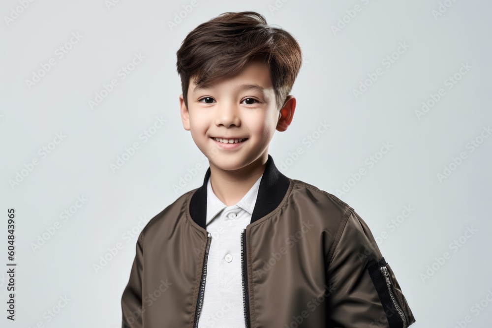 Medium shot portrait photography of a grinning boy in his 30s wearing a sleek bomber jacket against a white background. With generative AI technology Medium shot portrait photography of a grinning boy in his 30s wearing a sleek bomber jacket against a white background. With generative AI technology