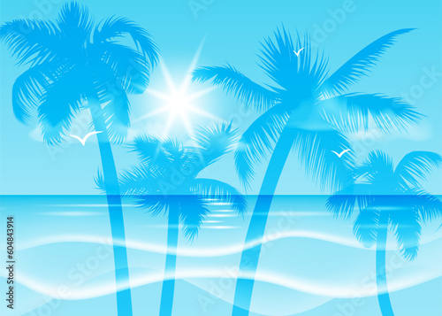 Fototapeta Naklejka Na Ścianę i Meble -  A vector illustration of a beautiful tropical beach with palm trees and a sunrise, perfect for summer backgrounds, banners, flyers, posters, and more. Ideal for summer holidays, exotic travels