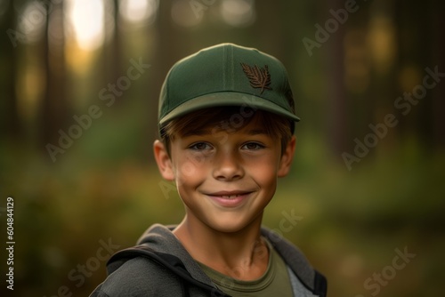 Environmental portrait photography of a happy kid male wearing a cool cap against a forest background. With generative AI technology © Markus Schröder