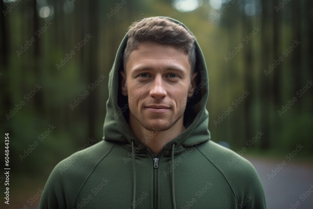 Close-up portrait photography of a glad boy in his 30s wearing a comfortable hoodie against a forest background. With generative AI technology Close-up portrait photography of a glad boy in his 30s wearing a comfortable hoodie against a forest background. With generative AI technology