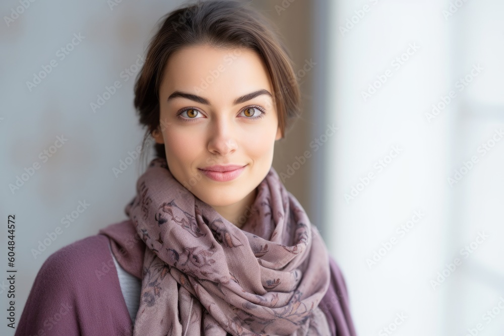 Medium shot portrait photography of a glad girl in her 30s wearing a charming scarf against a minimalist or empty room background. With generative AI technology Medium shot portrait photography of a glad girl in her 30s wearing a charming scarf against a minimalist or empty room background. With generative AI technology