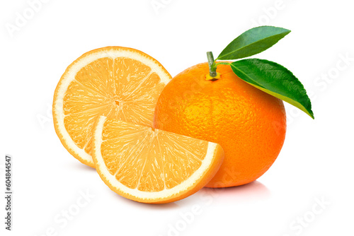 Closeup fresh orange fruit with green leaf isolated on white background.