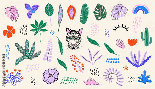 Abstract modern plants and shapes set. Tropical flowers and leaves, cute textures. Botanical elements. Flat style hand drawn vector illustrations.