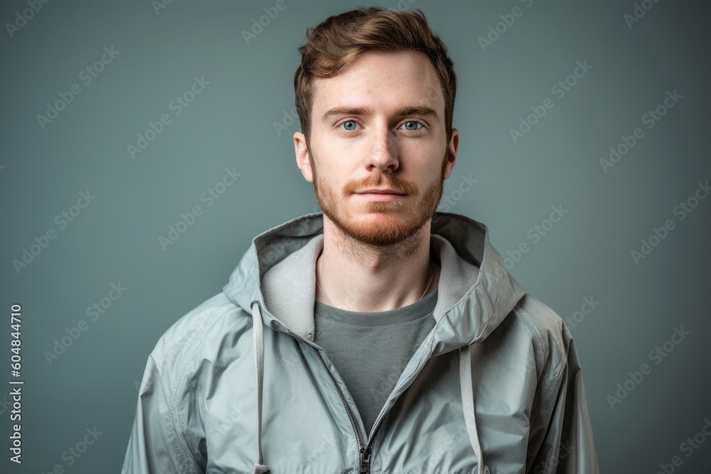 Obraz premium Medium shot portrait photography of a glad boy in his 30s wearing a lightweight windbreaker against a minimalist or empty room background. With generative AI technology