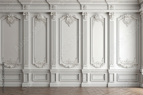 Classic style mouldings and wooden floor, empty room interior, 3d render Generative AI