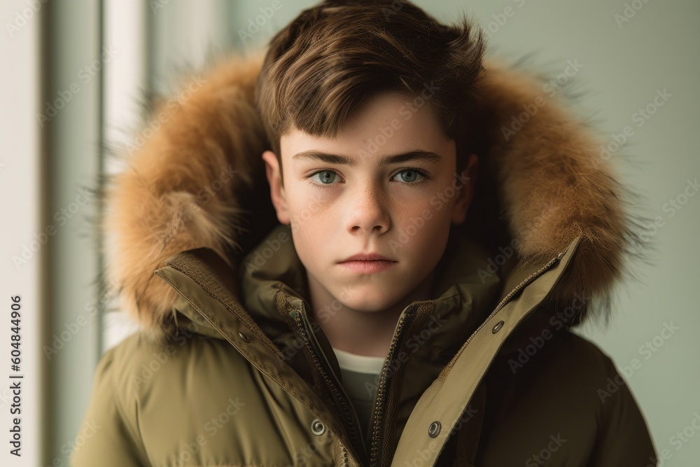 Lifestyle portrait photography of a glad mature boy wearing a warm parka against a minimalist or empty room background. With generative AI technology Lifestyle portrait photography of a glad mature boy wearing a warm parka against a minimalist or empty room background. With generative AI technology