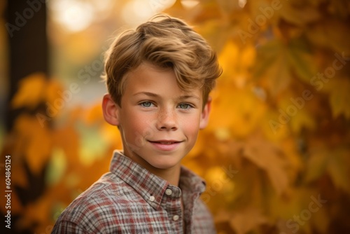 Medium shot portrait photography of a glad mature boy wearing a casual short-sleeve shirt against an autumn foliage background. With generative AI technology