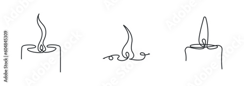 Set of candles with flames, drawn in a one line. Abstract black candle outline. Continuous line, designs for postcard, print, poster.