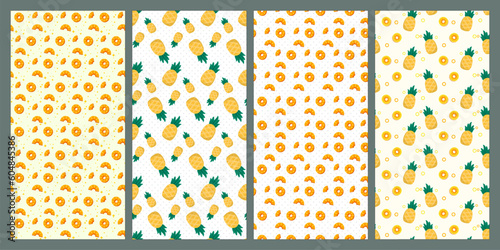 Set of pineapple and leaf seamless pattern. Fruit pattern. Summer pattern. Patterns for textiles or for covers. Wallpapers. © Vio