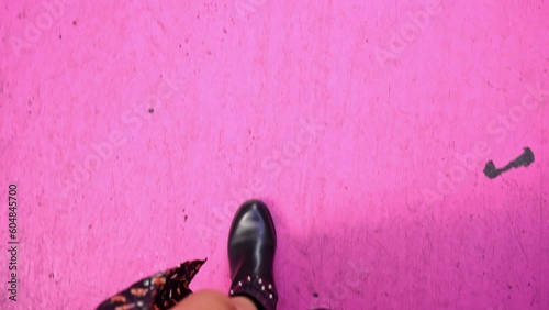 Young Woman Walking On The Pink Street In Lisbon, Portugal