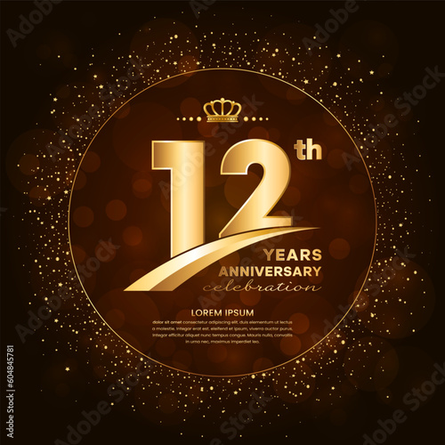 12th anniversary logo with gold numbers and glitter isolated on a gradient background