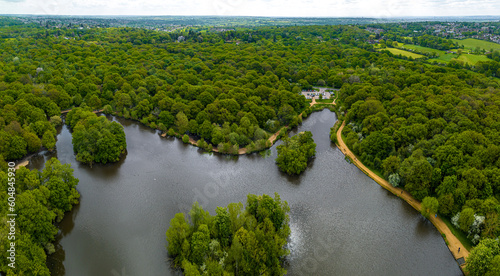 Aerial view of Connaught Water lake Epping park in Essex, England