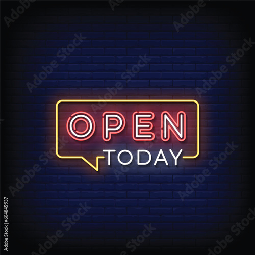 Neon Sign open today with brick wall background vector