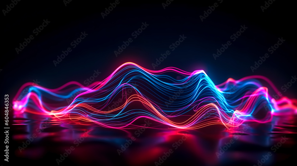 Dark abstract background with wavy glowing lines, generative AI.