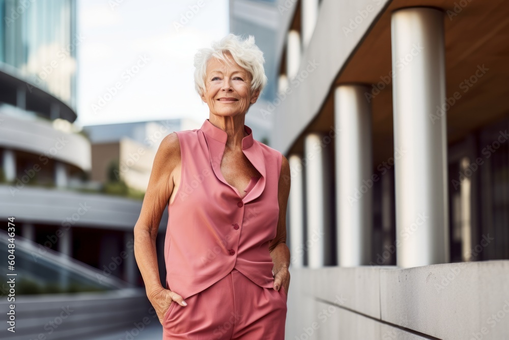 Lifestyle portrait photography of a satisfied old woman wearing a chic jumpsuit against a modern architecture background. With generative AI technology
