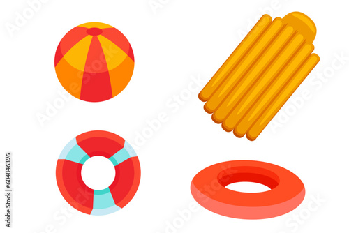 Colorful illustrations of summer objects, summer vacation at the beach or pool , inflatable circles, ball, inflatable beach mattress , vector 